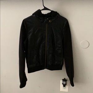 Black leather jacket with cotton sleeves and hood